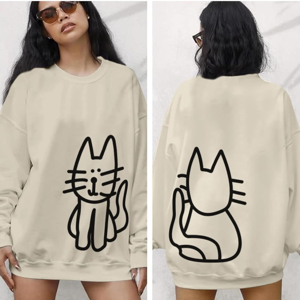 Cat Graphic Beige Sweatshirt